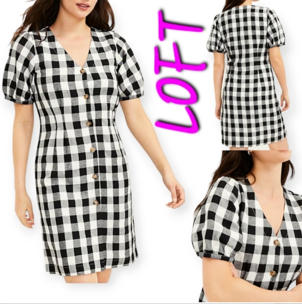 LOFT Gingham Button V-Neck Mini Dress